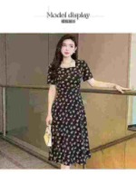 260 Pcs French Style Square Neck Short Sleeve Slim Waist Long Floral Black Women Dresses Summer Stock Clearance - Image 4