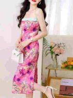 Vintage French Floral Patchwork Suspender Bodycon Long Dress Women Summer New 477PCS Stock Wholesale - Image 1