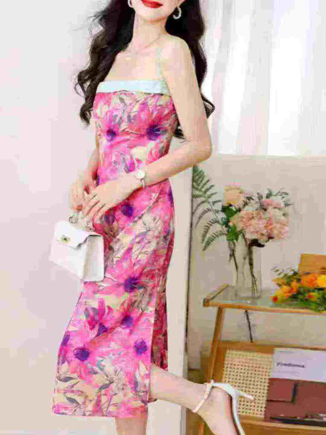 Vintage French Floral Patchwork Suspender Bodycon Long Dress Women Summer New 477PCS Stock Wholesale - Image 1