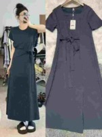 3000 Pieces Plus Size Elastic Tie Waist Split T-Shirt Dress Women French Style Summer Slim Commute Dress - Image 5