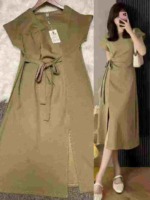 3000 Pieces Plus Size Elastic Tie Waist Split T-Shirt Dress Women French Style Summer Slim Commute Dress - Image 4