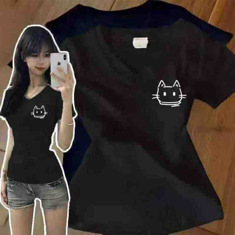 Clearance Stock: 145 Pieces Summer V-Neck Cat Print Regular Shoulder Short Sleeve T-Shirts, 2 Colors, Individually Packed - Image 1