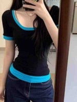 Flash Clearance: 530 Pieces High Stretch Color Block Fake Two-Piece U-Neck Women's T-Shirts - Image 1