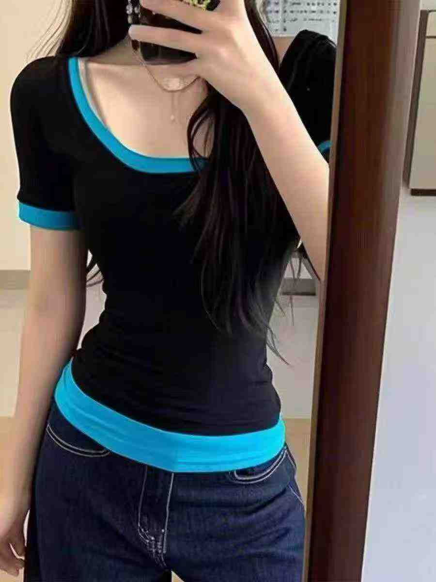 Flash Clearance: 530 Pieces High Stretch Color Block Fake Two-Piece U-Neck Women's T-Shirts - Image 1