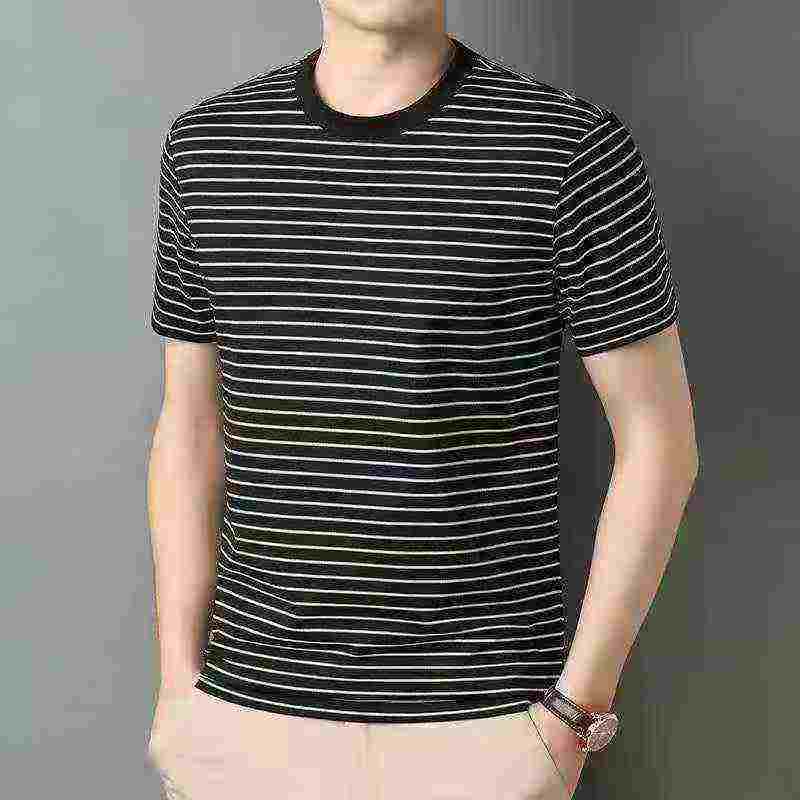 Clearance Bulk Stock 420 Pcs Men's Summer Striped Loose Crew Neck Short Sleeve T-Shirts Wholesale - Image 1