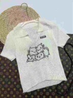 Clearance 1634 Pieces White Embroidered Cropped Turn-down Collar Knit Short Sleeve Tops - Image 4