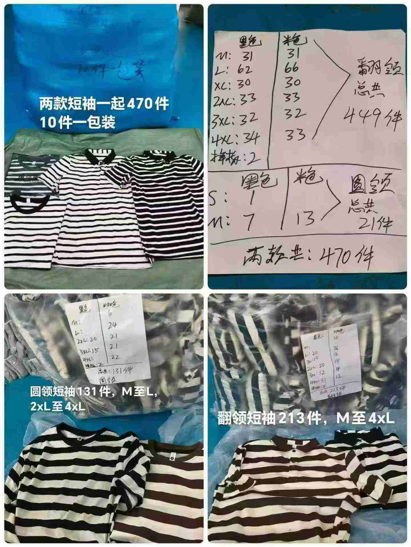 442 Pieces Striped Short Sleeve Tops, Polo Neck (Few Round Neck), Back Neck Taping, Size M-4XL, 10 Pieces Per Pack - Image 2