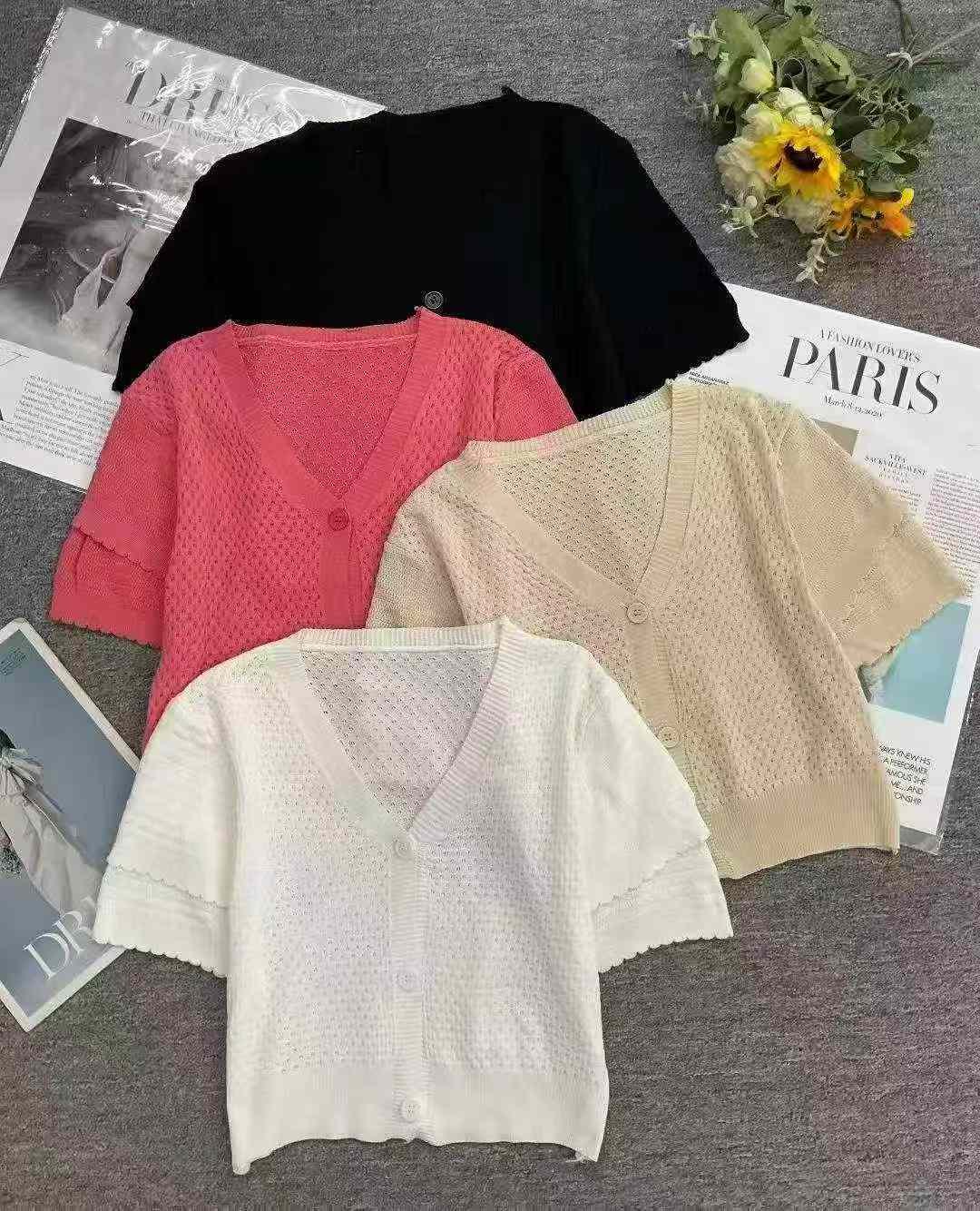 Summer New Design Tweed-style Ice Silk Knit Short Sleeve Cardigan About 600 Pieces Stock Lot Wholesale - Image 1