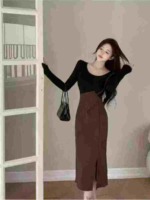 French Style Elegant Designer Dress 378 Pieces, Contrast Patchwork Slit Hem - Image 6