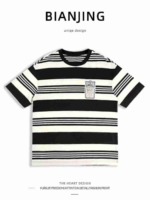 Clearance 210 Pieces American High Street Badge Stripe Short Sleeve T-Shirts, Loose Drop Shoulder Casual Unisex Couple Summer Tops - Image 1