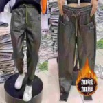 106 Pcs Women's Fleece Lined Elastic Waist Leather Pants, Solid Color, Sizes S-4XL Bulk Stock Clearance - Image 1