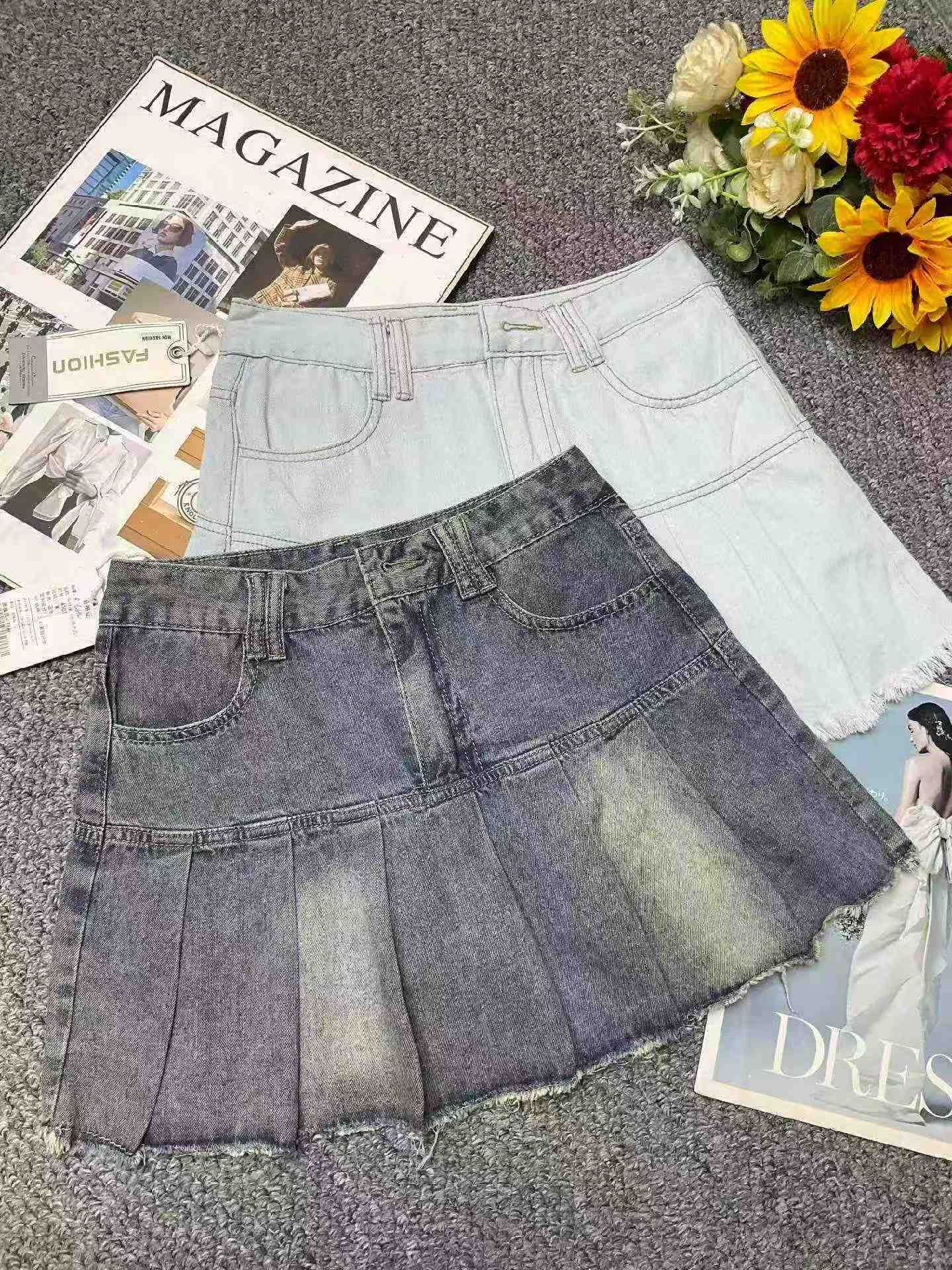 Summer New Trendy Vintage Pleated Washed Cotton Denim Skirts, Around 877 Pieces Bulk Stock Wholesale - Image 1
