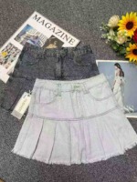 Summer New Trendy Vintage Pleated Washed Cotton Denim Skirts, Around 877 Pieces Bulk Stock Wholesale - Image 9
