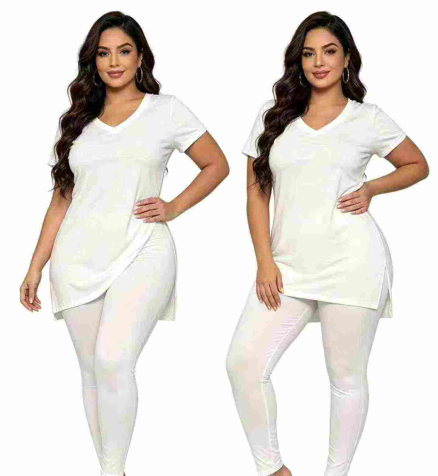 European & American Fashion Women's Split Short Sleeve Long Pants 2-Piece Set, 5 Colors, Around 118 Sets, Sizes S-3XL - Image 1