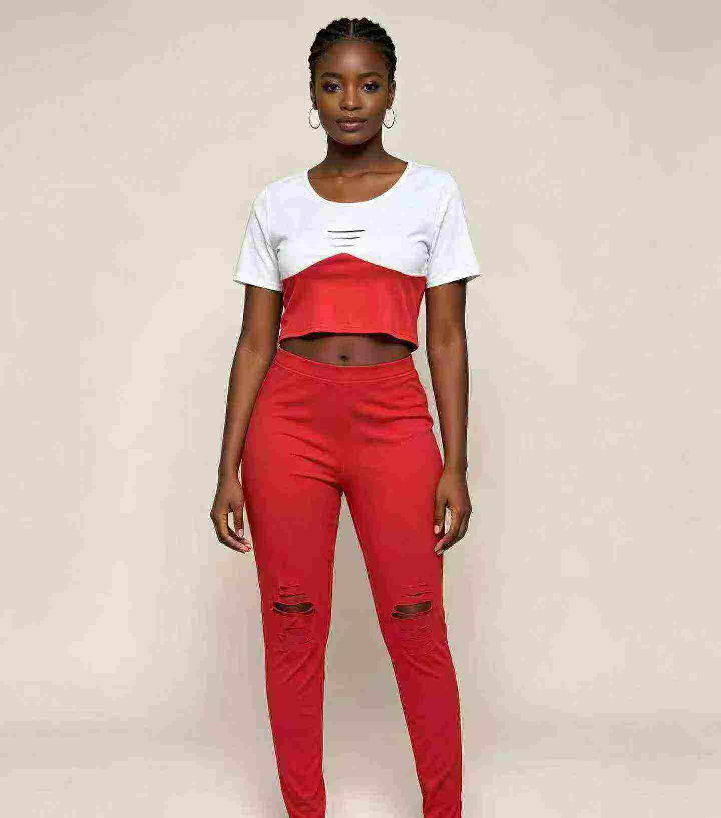 European American Fashion Women's Casual Ripped 2-Piece Short Sleeve Top & Long Pants, 4 Colors, Approx 390 Sets, Sizes S-2XL - Image 1