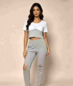 European American Fashion Women's Casual Ripped 2-Piece Short Sleeve Top & Long Pants, 4 Colors, Approx 390 Sets, Sizes S-2XL - Image 8