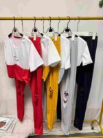 European American Fashion Women's Casual Ripped 2-Piece Short Sleeve Top & Long Pants, 4 Colors, Approx 390 Sets, Sizes S-2XL - Image 3