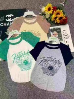 Summer New American Retro Color Block Drop Shoulder Printed Knit Short Sleeve T-Shirts, 372 Pieces Bulk Stock Clearance - Image 1