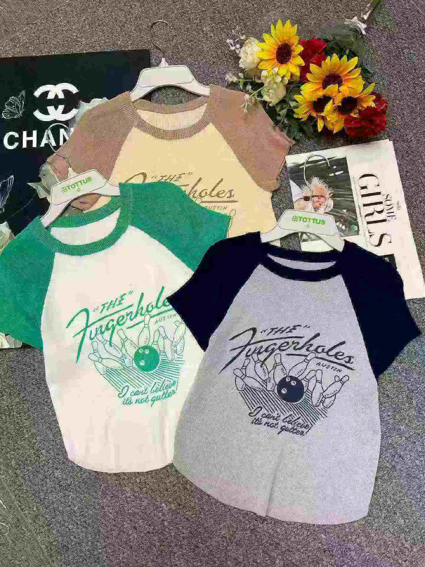 Summer New American Retro Color Block Drop Shoulder Printed Knit Short Sleeve T-Shirts, 372 Pieces Bulk Stock Clearance - Image 1