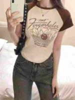 Summer New American Retro Color Block Drop Shoulder Printed Knit Short Sleeve T-Shirts, 372 Pieces Bulk Stock Clearance - Image 6