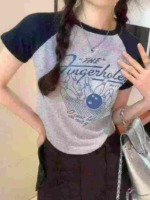 Summer New American Retro Color Block Drop Shoulder Printed Knit Short Sleeve T-Shirts, 372 Pieces Bulk Stock Clearance - Image 4