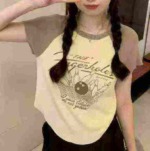 Summer New American Retro Color Block Drop Shoulder Printed Knit Short Sleeve T-Shirts, 372 Pieces Bulk Stock Clearance - Image 3