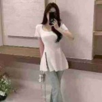 Clearance 82 Pieces Summer Side Slit Midi-length Short Sleeve Tops, 134 Size, Individual Packing - Image 2