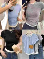 10000 Pcs Women's Fake Two-piece Colorblock High Stretch Slim Summer Short Sleeve T-shirts Stock Wholesale - Image 1