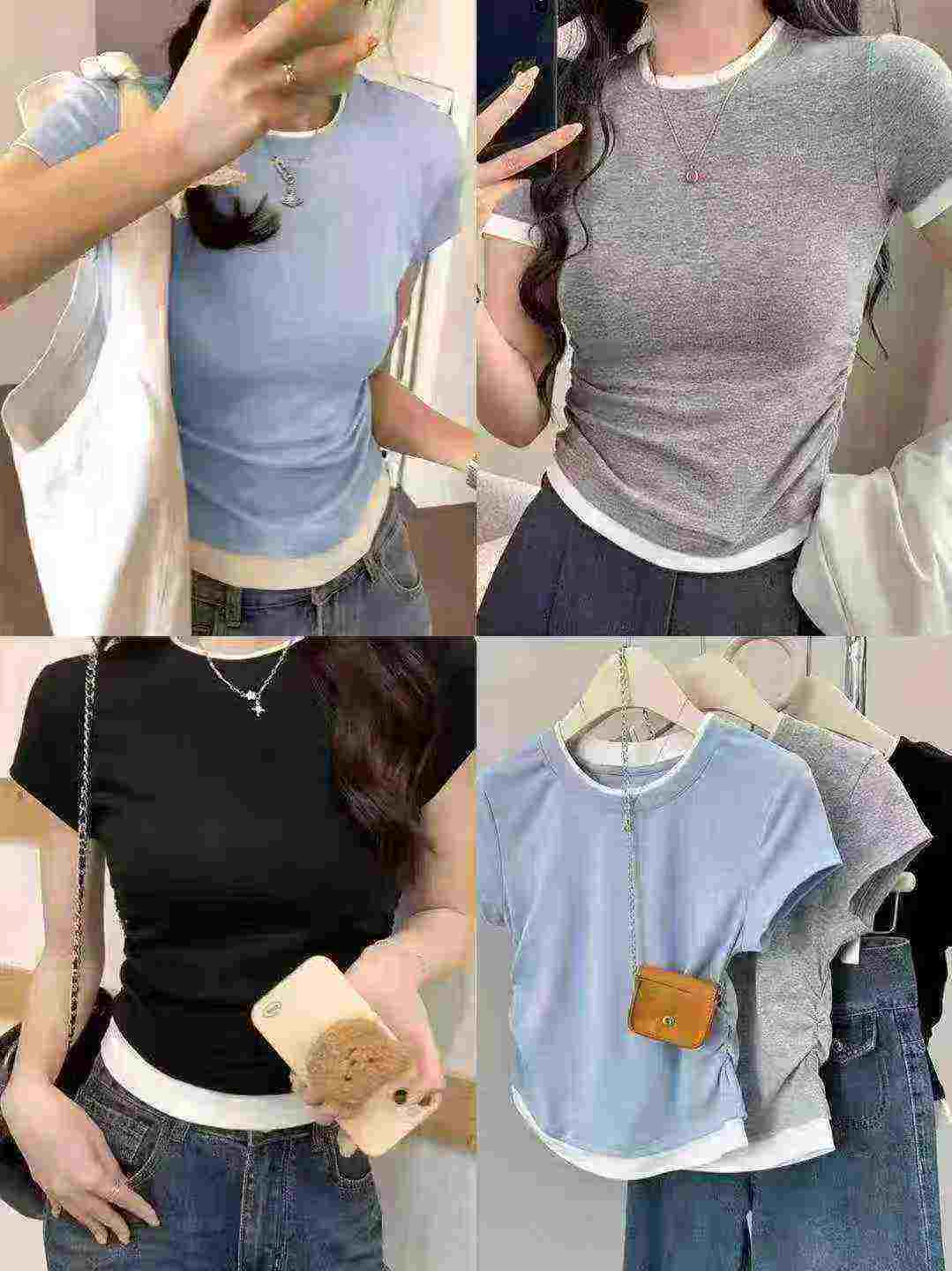 10000 Pcs Women's Fake Two-piece Colorblock High Stretch Slim Summer Short Sleeve T-shirts Stock Wholesale - Image 1