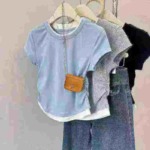 10000 Pcs Women's Fake Two-piece Colorblock High Stretch Slim Summer Short Sleeve T-shirts Stock Wholesale - Image 9