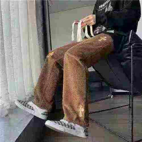 European American High Street Vibe Minimal Embroidered Men's Corduroy Wide Leg Floor-length Sweatpants Bulk Stock For Wholesale - Image 2