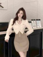 166 Pcs Elegant High Elastic Dresses Bulk Stock - Polo Neck Fake Two-piece Contrast Drawstring Dress Wholesale - Image 6