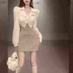 166 Pcs Elegant High Elastic Dresses Bulk Stock - Polo Neck Fake Two-piece Contrast Drawstring Dress Wholesale - Image 5