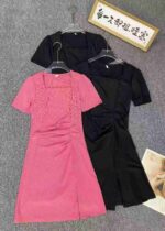 Stylish Square Neck Diagonal Stripe Ruched Waist Split Hem Women's Dress Bulk Stock Wholesale - Image 9