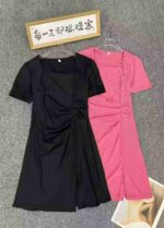 Stylish Square Neck Diagonal Stripe Ruched Waist Split Hem Women's Dress Bulk Stock Wholesale - Image 8