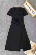 Stylish Square Neck Diagonal Stripe Ruched Waist Split Hem Women's Dress Bulk Stock Wholesale - Image 7