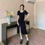 Stylish Square Neck Diagonal Stripe Ruched Waist Split Hem Women's Dress Bulk Stock Wholesale - Image 5