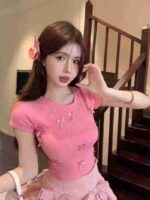 Korean Sweet Style Letter Embroidered Butterfly Detail Slim Fit Short Sleeve T-Shirt Bulk Stock Wholesale - Image 8