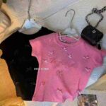 Korean Sweet Style Letter Embroidered Butterfly Detail Slim Fit Short Sleeve T-Shirt Bulk Stock Wholesale - Image 6