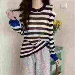 Clearance 6.6 CNY Sweet Off-shoulder Loose Striped Knit Tops For Bulk Wholesale Export - Image 7