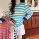 Clearance 6.6 CNY Sweet Off-shoulder Loose Striped Knit Tops For Bulk Wholesale Export - Image 6