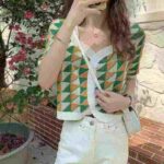 Summer Korean INS Style Vintage Plaid Colorblock Square Neck Slim Women Short Sleeve Knit Cardigan Bulk Wholesale Stock Clothing - Image 9