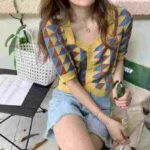 Summer Korean INS Style Vintage Plaid Colorblock Square Neck Slim Women Short Sleeve Knit Cardigan Bulk Wholesale Stock Clothing - Image 8