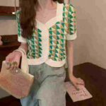 Summer Korean INS Style Vintage Plaid Colorblock Square Neck Slim Women Short Sleeve Knit Cardigan Bulk Wholesale Stock Clothing - Image 7