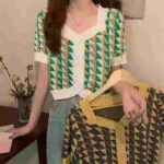 Summer Korean INS Style Vintage Plaid Colorblock Square Neck Slim Women Short Sleeve Knit Cardigan Bulk Wholesale Stock Clothing - Image 3