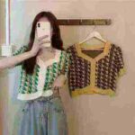 Summer Korean INS Style Vintage Plaid Colorblock Square Neck Slim Women Short Sleeve Knit Cardigan Bulk Wholesale Stock Clothing - Image 2