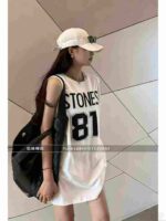 American Retro Knit T-Shirt Dress For Women Summer Colorblock Crew Neck Unique Print Loose Sleeveless Short Dress Bulk Stock Wholesale - Image 8