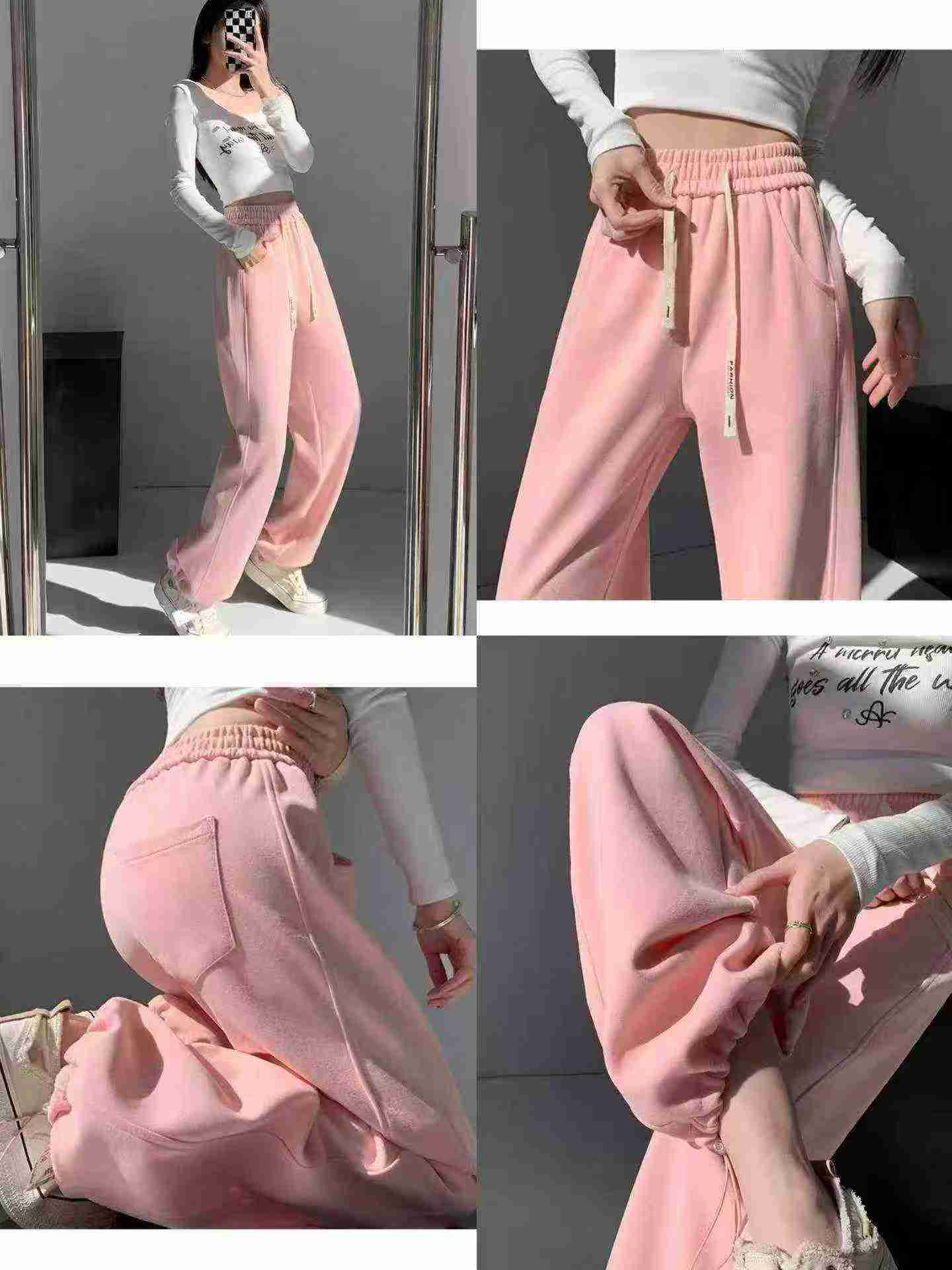 1217 Pcs American Style Women's Drawstring Casual Loose High Waist Straight Wide Leg Sweatpants Bulk Stock For Wholesale - Image 2
