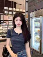 American Style Cotton Striped Regular Shoulder Short Sleeve T-Shirts Bulk Stock Wholesale For Export - Image 6