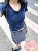 American Style Cotton Striped Regular Shoulder Short Sleeve T-Shirts Bulk Stock Wholesale For Export - Image 5